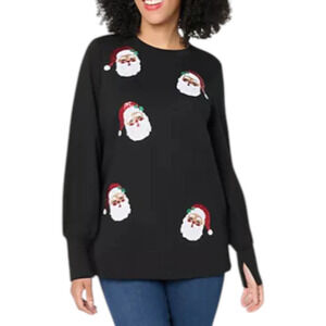Jingle Belles by Kim Gravel Women's Sequin Santa Knit Top Black - Regular